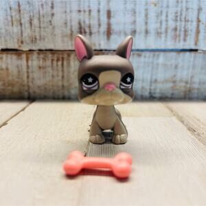 Littlest Pet Shop LPS #958 Boston Terrier Dog 2004 Gray Purple Eyes Pink Ears